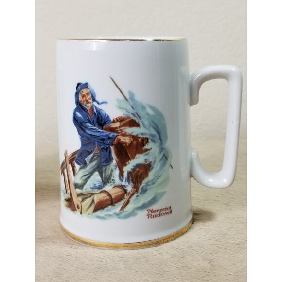 Norman Rockwell Coffee Mug Tea Cup 4 1/2" Gold Trim 1985 Drinkware 11oz x2 - Picture 3 of 12